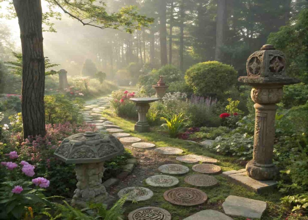 A beautiful garden with artistic stone sculptures and mosaic stepping stones surrounded by lush plants and flowers, dappled sunlight, creative and personal outdoor garden art, natural textures