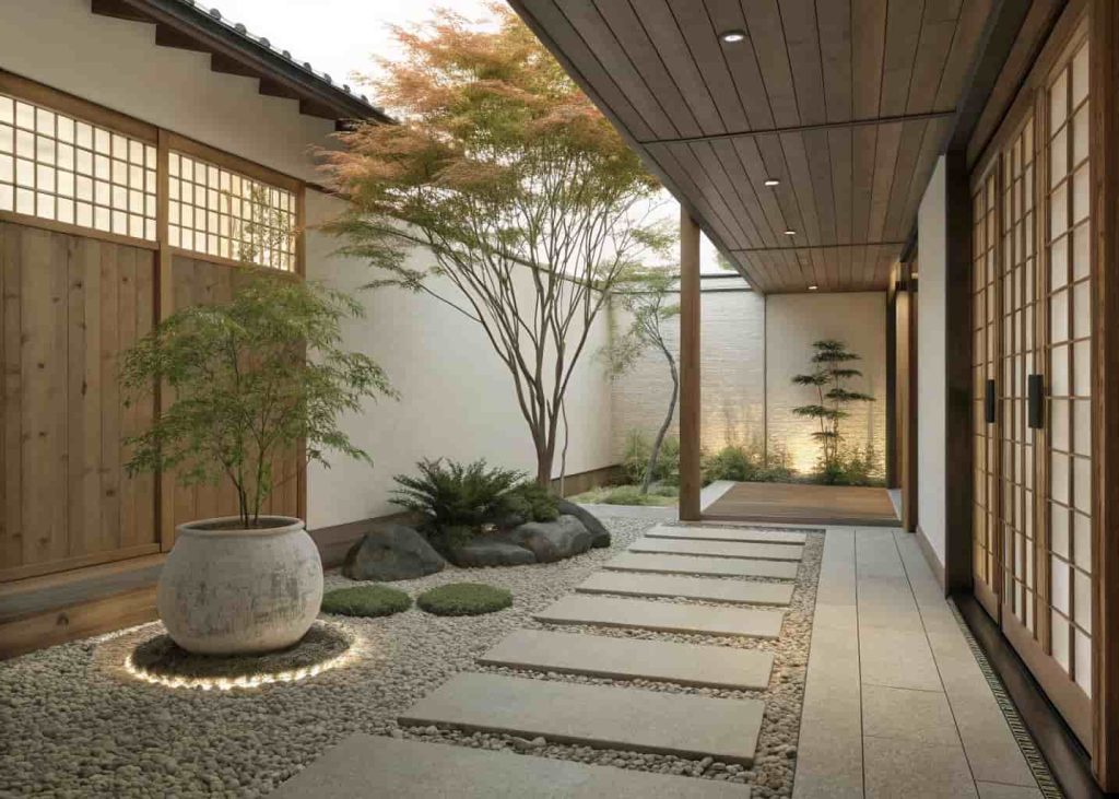 A serene Zen garden with raked gravel patterns, stepping stones, a Japanese maple, and bamboo in soft dappled light