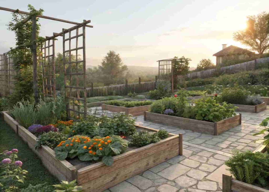 A beautiful French potager kitchen garden with geometric raised beds of vegetables, herbs, marigolds, and climbing beans on wooden frames
