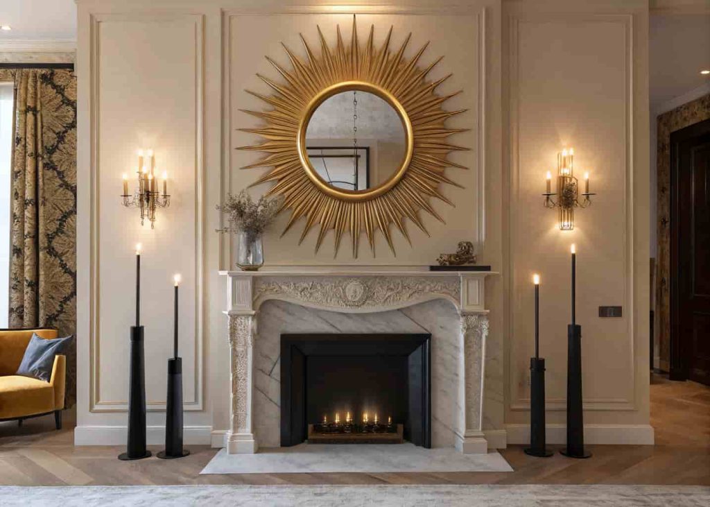  Large gold sunburst mirror above an Art Deco marble fireplace with tall candlesticks and rich jewel-toned decor.