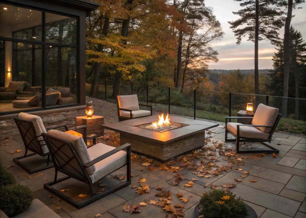 A square outdoor fire pit table serving as a coffee table in a compact patio, with chairs around it and warm flames glowing through tempered glass panels.