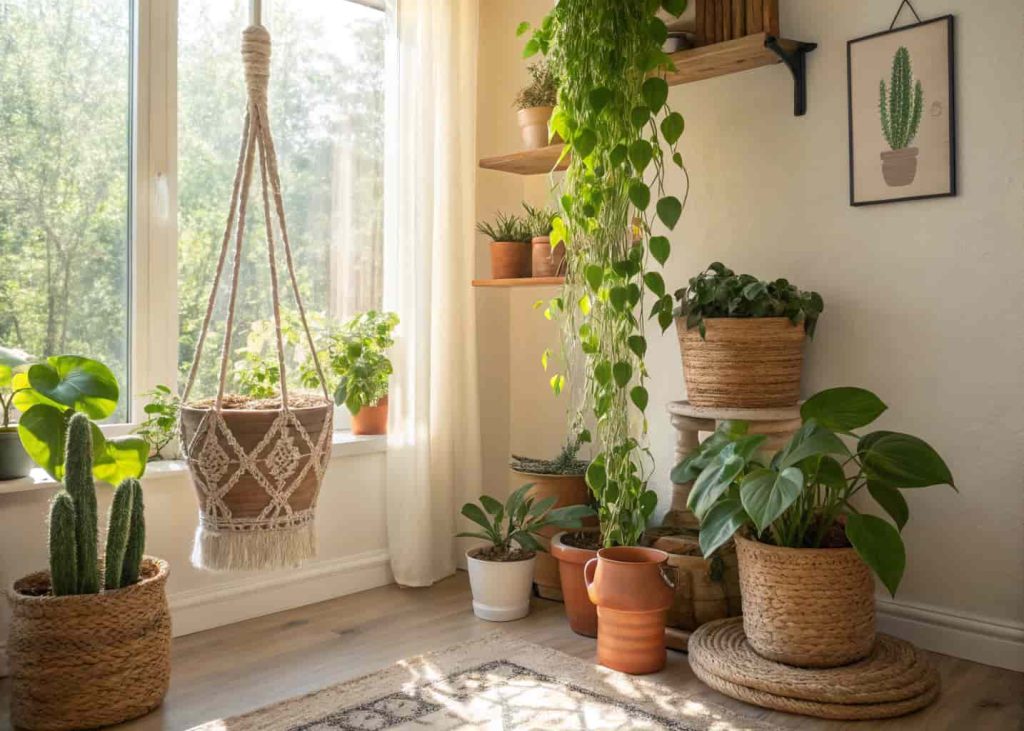 Bohemian room corner with various indoor plants in mismatched terracotta and ceramic pots