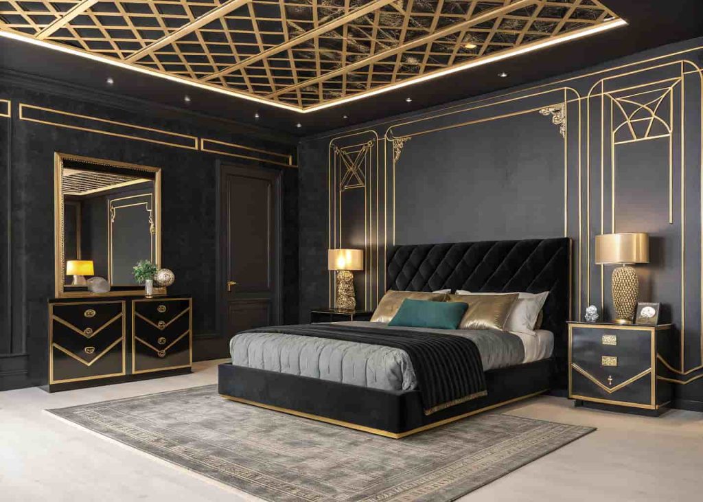 Dramatic Art Deco bedroom with matte black walls, gold moldings, velvet headboard, and mirrored nightstands.