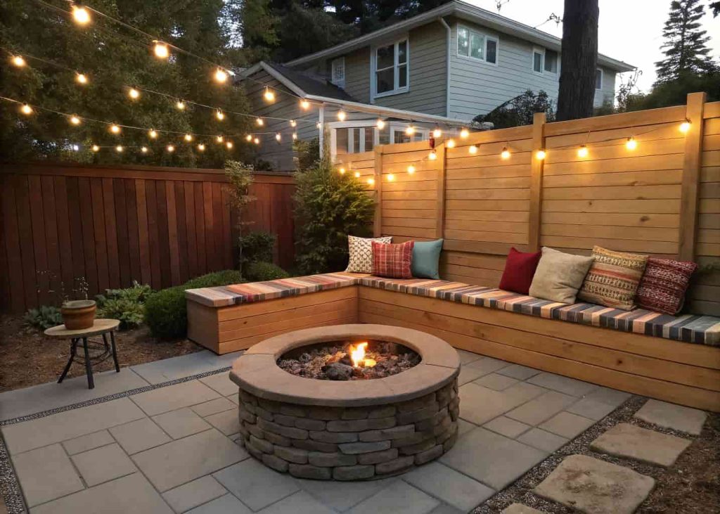  A corner L-shaped bench with colorful cushions on a small patio, with a round fire pit placed at the open end of the seating arrangement under string lights.