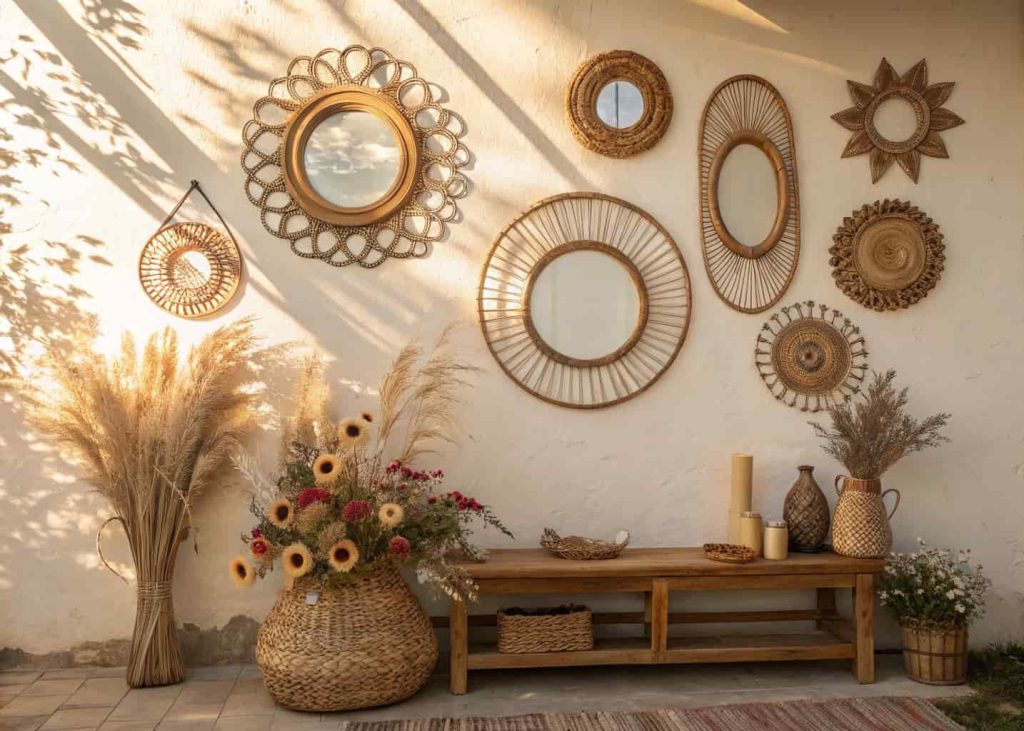 Bohemian wall decor with vintage rattan and wooden mirrors in various shapes and sizes