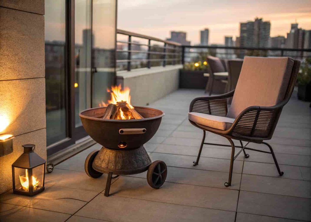  A compact portable fire pit on caster wheels sitting on a small patio, burning wood logs, with two chairs beside it in a cozy evening outdoor setup.