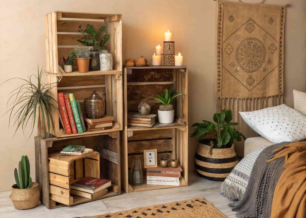 DIY wooden crate shelves in a bohemian bedroom holding books, plants, and decor items