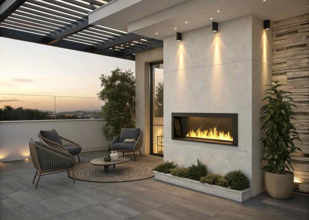 A modern wall-mounted ethanol fireplace fixed to a covered patio wall, burning with a warm clean flame, with minimalist outdoor furniture arranged below it.