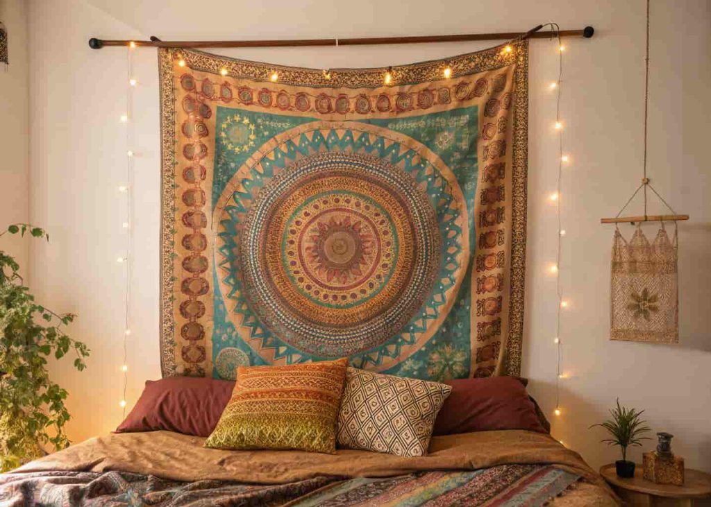 Bohemian bedroom wall decorated with a hanging block-print fabric tapestry in warm rust and gold tones