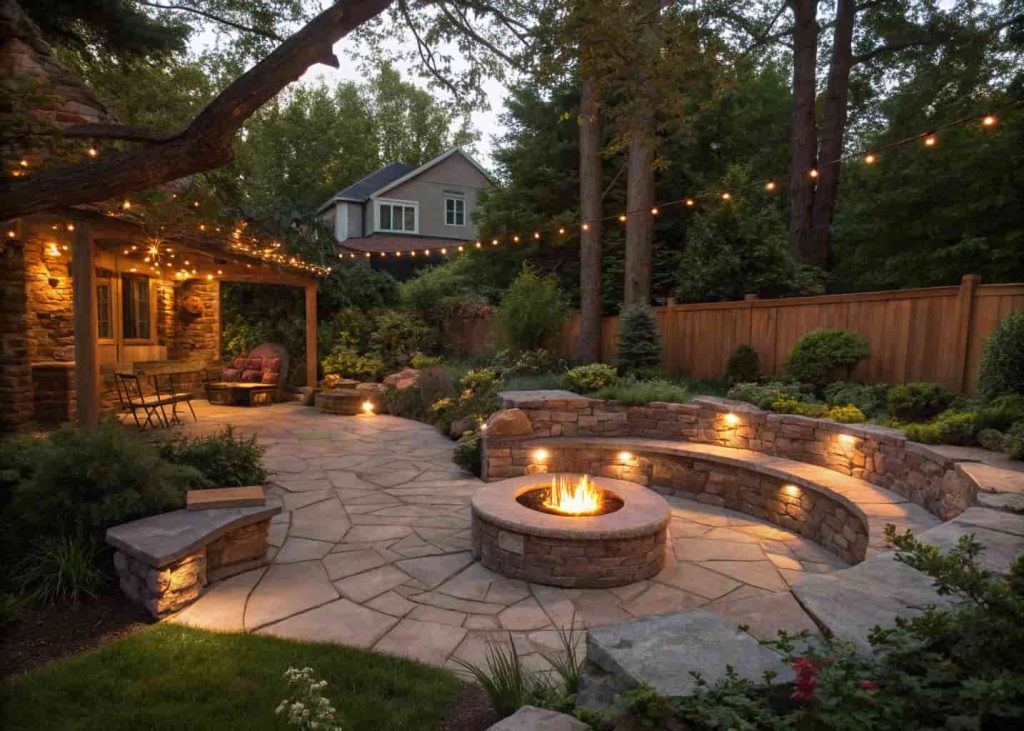 A sunken patio seating area with a round fire pit at the center, stone benches built into the sides, glowing fire, surrounded by garden plants in a backyard evening setting.