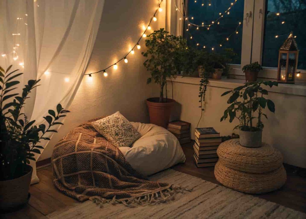Cozy bohemian reading nook corner with floor cushions, fairy lights, throw blanket, and books