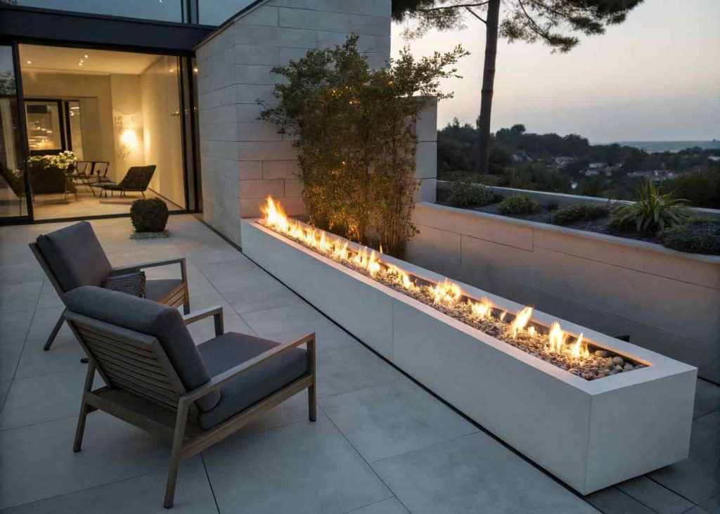 A narrow rectangular fire pit placed along one side of a compact patio, with a long linear flame and lounge chairs arranged across from it in a modern outdoor space.