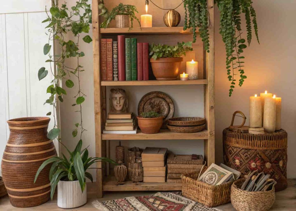 Bohemian styled open shelves with a mix of plants, books, candles, clay pots, and travel trinkets