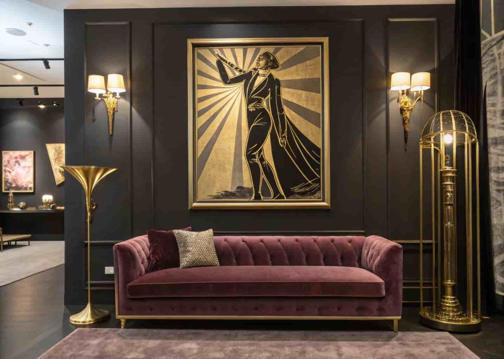 Large bold Art Deco framed artwork above a velvet sofa with brass floor lamps in a gallery-style luxury interior.