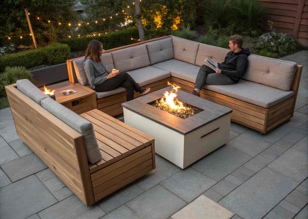 A fire pit bench combo with integrated wooden seating on both sides and a central flame, placed on a small outdoor patio with two people relaxing around it in the evening.