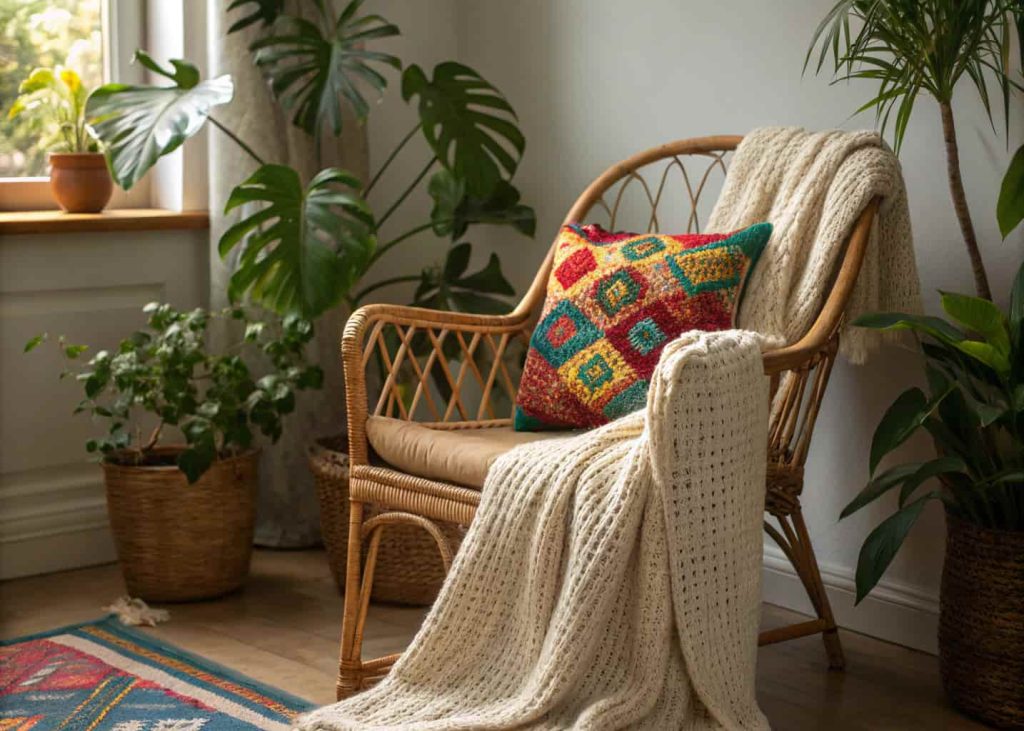 Rattan armchair styled in bohemian room with knit blanket, colorful cushion, and indoor plants