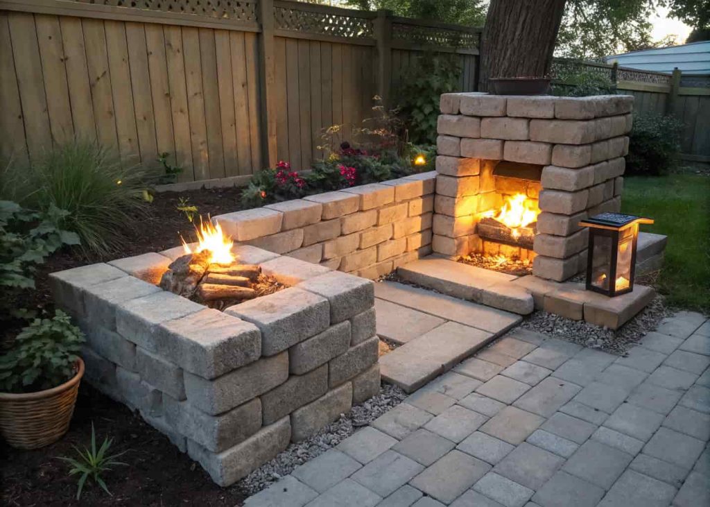 A small DIY fire pit made from stacked concrete blocks placed in a patio corner, burning wood with orange flames, surrounded by simple rustic outdoor decor in the evening.