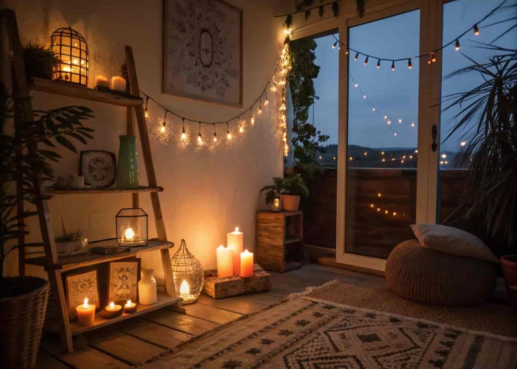 Cozy bohemian room with candles, lanterns, fairy lights, and warm ambient lighting in the evening
