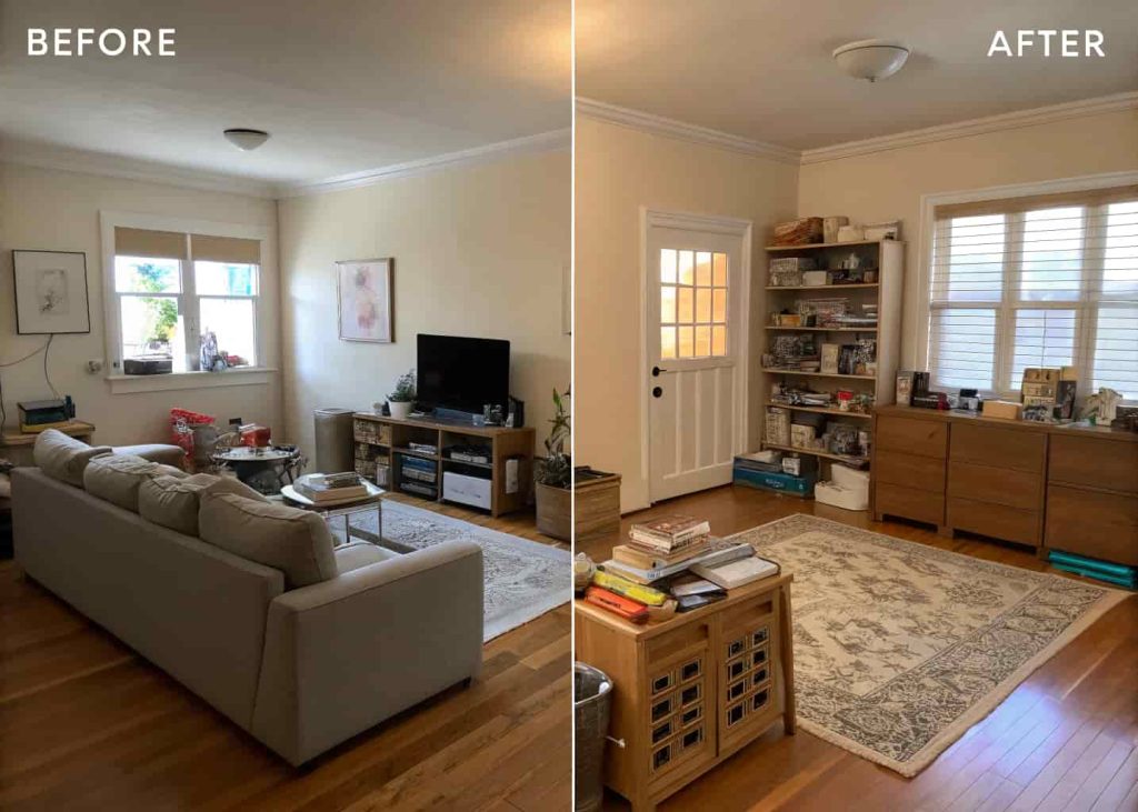 Before and after comparison of a cluttered living room transformed into a minimalist, clean space