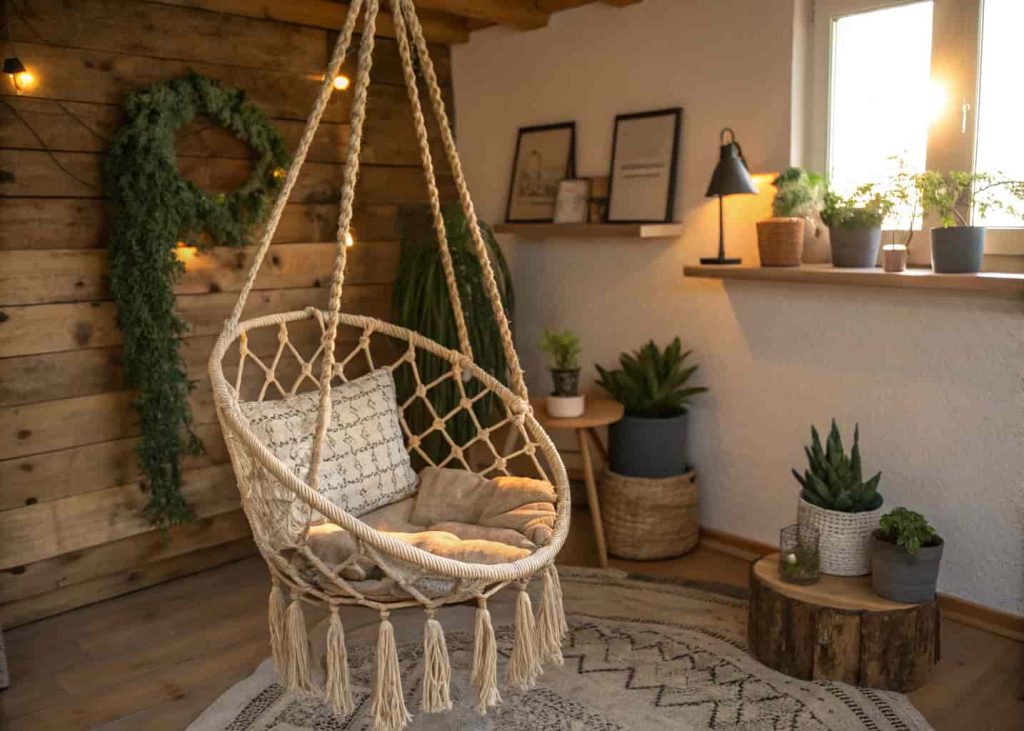 Handmade DIY boho hanging chair made from driftwood and natural rope in a rustic living room corner with succulents and warm lighting.