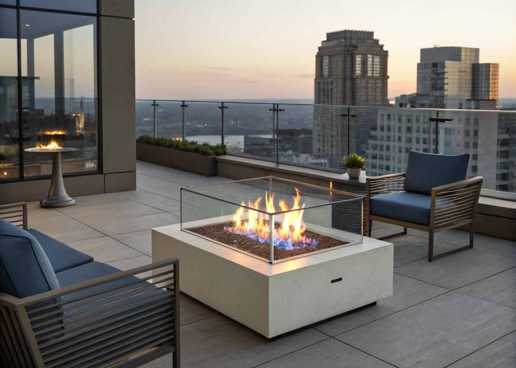 A modern square gas fire pit with glass wind guard panels on a compact urban patio, showing clean flames through the tempered glass with contemporary outdoor furniture around it.
