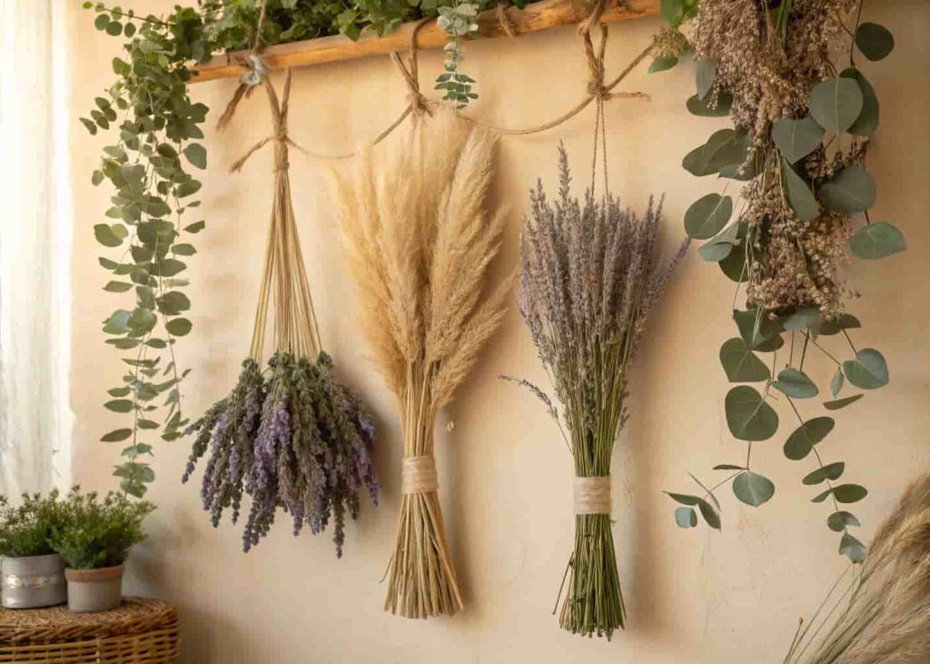 Bohemian wall decor with dried pampas grass, lavender, and eucalyptus bundles hanging naturally