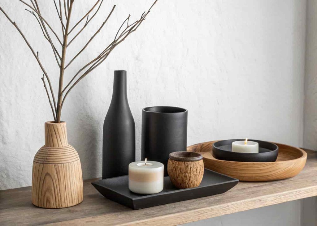 Cohesive minimalist shelf decor with consistent matte black and natural wood details