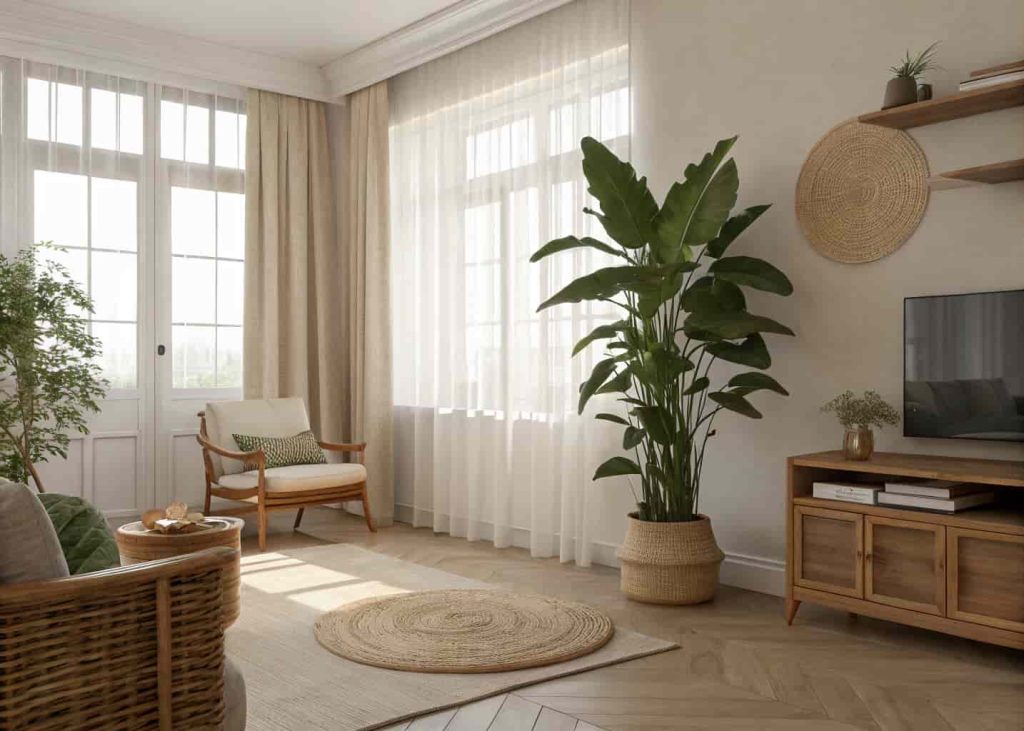 A calm minimalist living room with neutral walls, a wooden coffee table, and a large green plant by the window