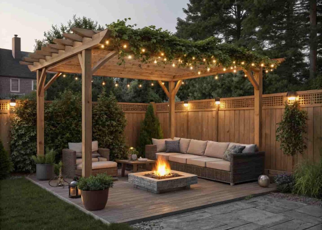  Wooden pergola with string lights over an outdoor seating area adjacent to a glowing backyard fire pit, surrounded by plants and potted greenery.