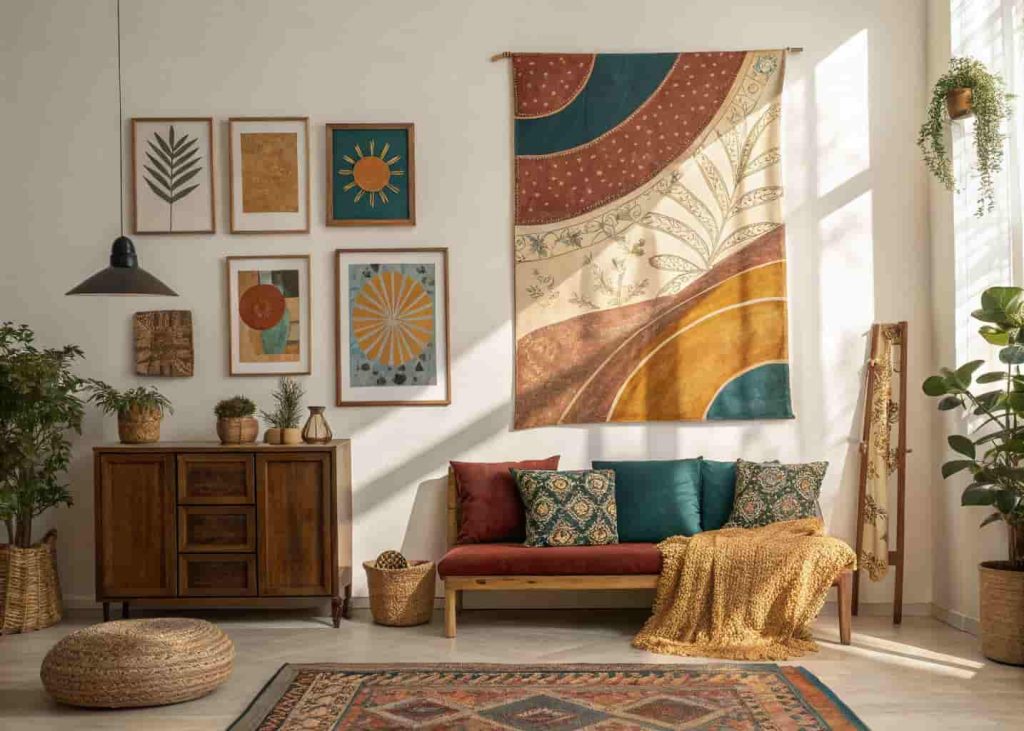 Bold bohemian wall art display with large abstract prints in earthy tones and a textile tapestry