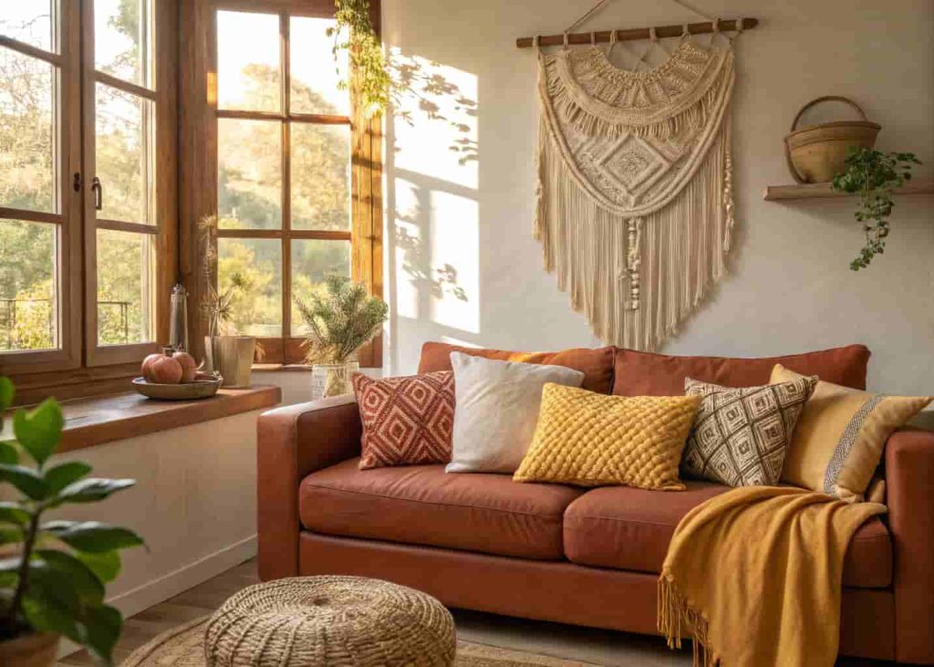 Terracotta and rust boho pillow combination on a couch with cream and mustard accents in a warm living room.