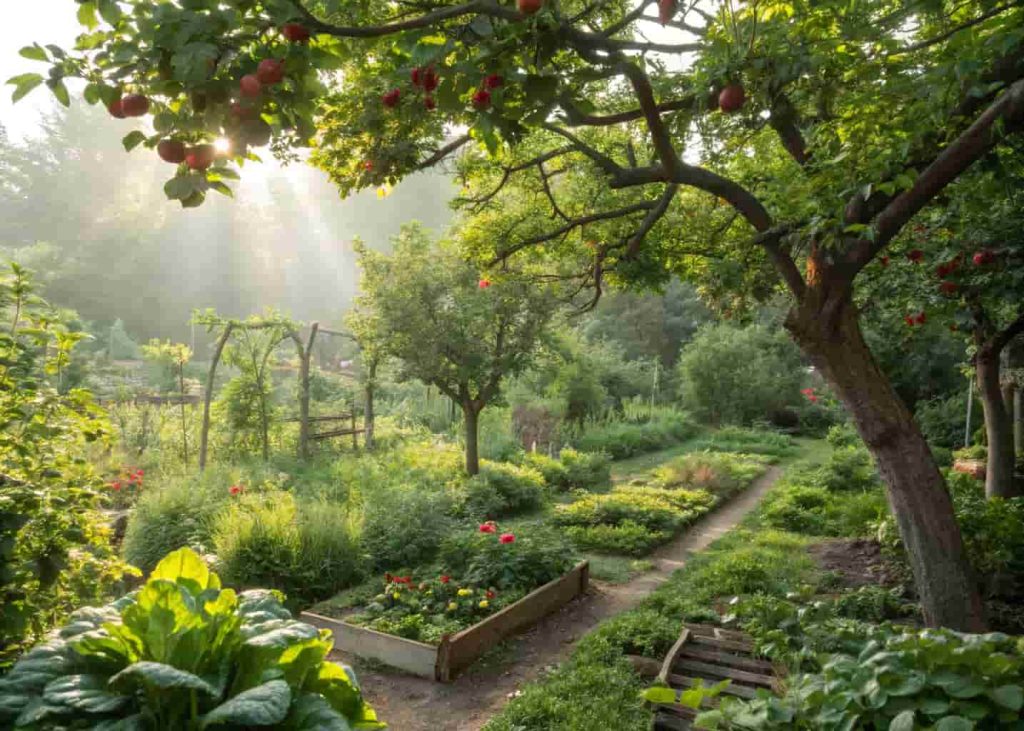 A productive backyard food forest with multiple layers of fruit trees, berry shrubs, and edible herbs growing together naturally