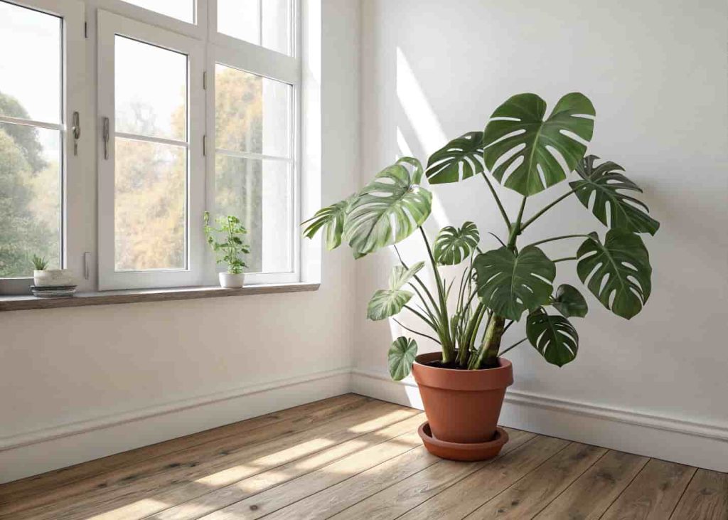 Large monstera plant in a terracotta pot in a sunlit minimalist bedroom corner with white walls and wooden floor.