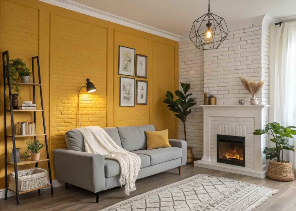 A bold mustard yellow accent wall in a modern family living room with gray sofa and white brick fireplace.