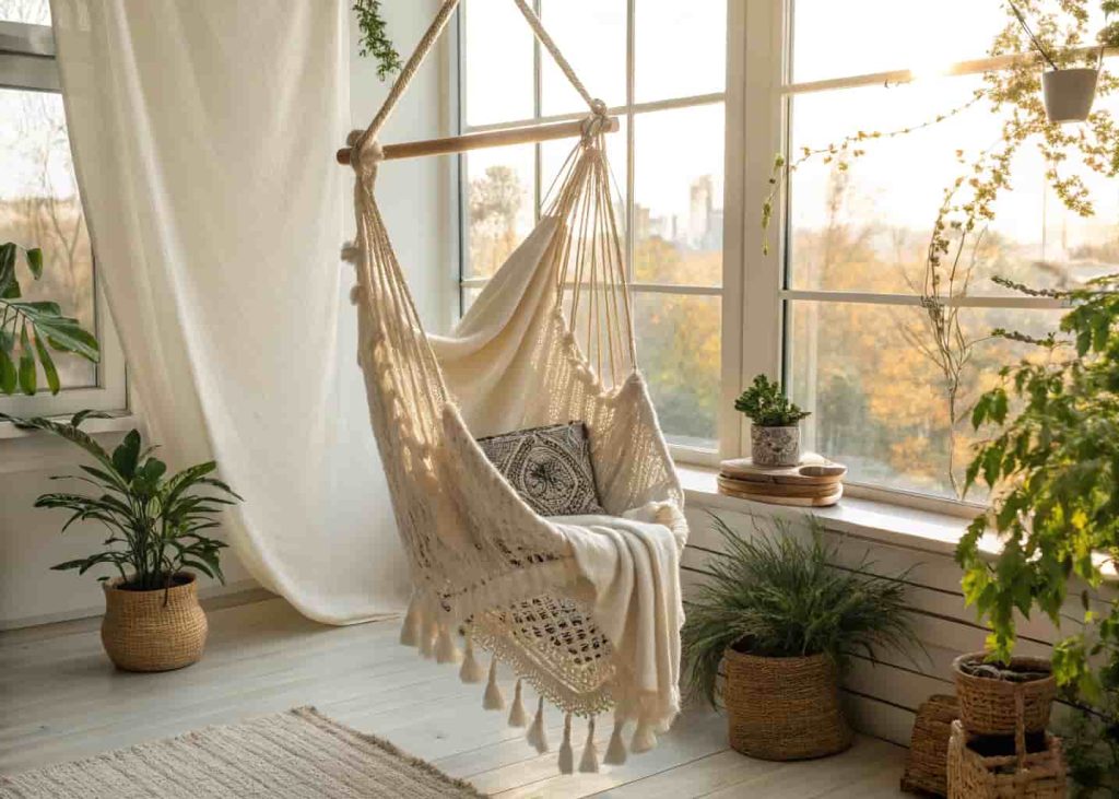  Bohemian indoor hammock swing chair near a window with throw blanket, cushion, and houseplants