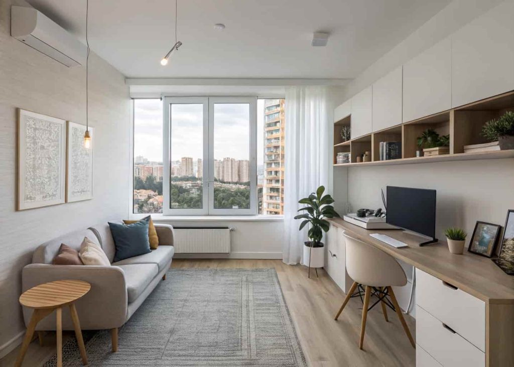 A small minimalist apartment with smart multifunctional furniture and a large window showing a city view