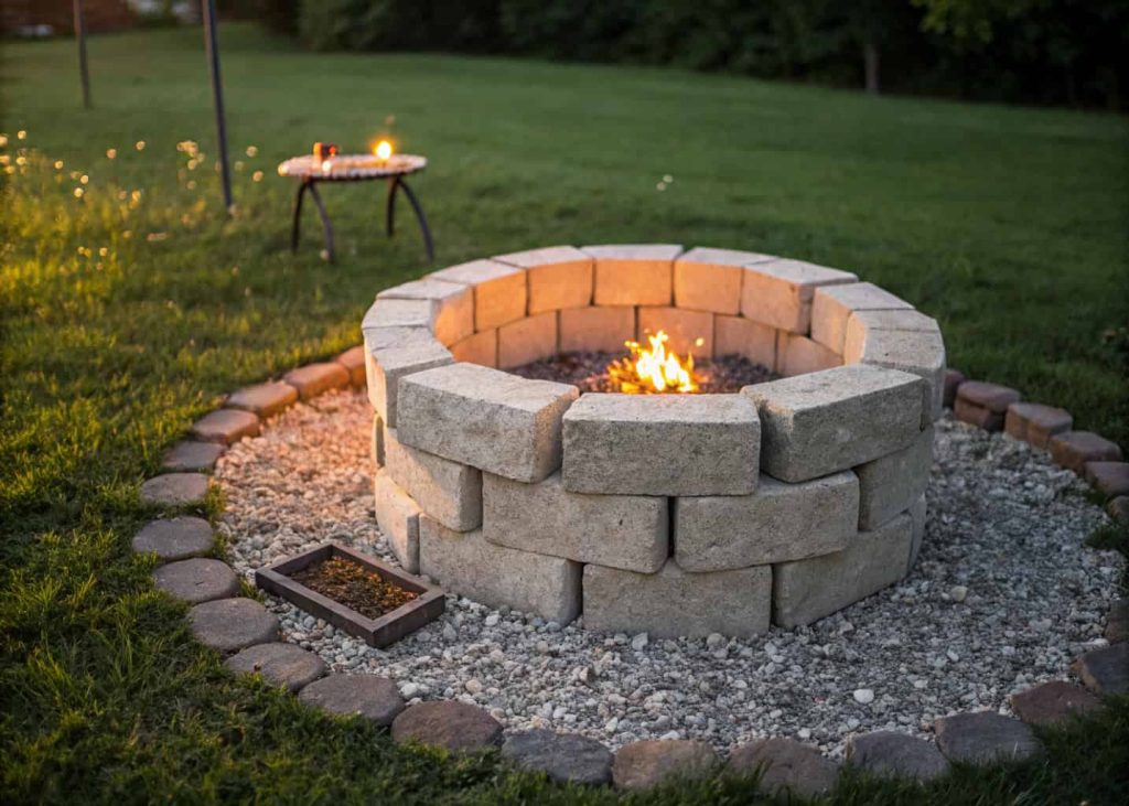 A simple cinder block fire pit stacked in a circle on a gravel base in a home backyard with a fire burning inside.