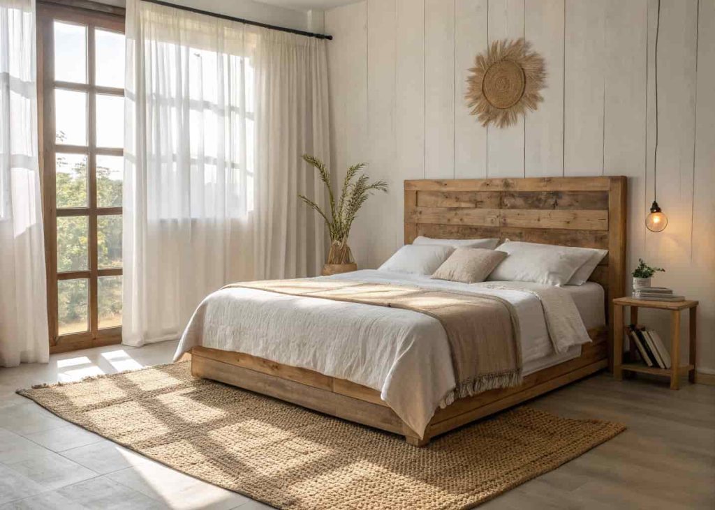 A minimalist bedroom featuring a wooden headboard, linen sheets, and a jute rug with warm natural light