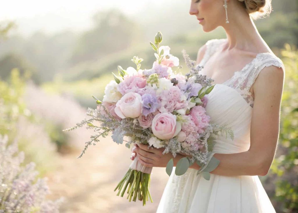 Loose soft bridal bouquet of blush peonies and sweet peas in a garden wedding setting