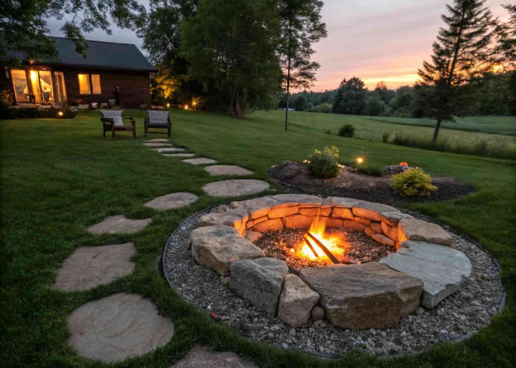 An in-ground backyard fire pit with a natural stone border and pea gravel base glowing with warm fire at dusk.
