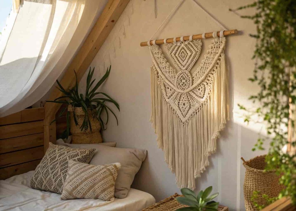 Cream and beige macramé wall hanging with knotted fringe above a cozy boho bedroom bed.