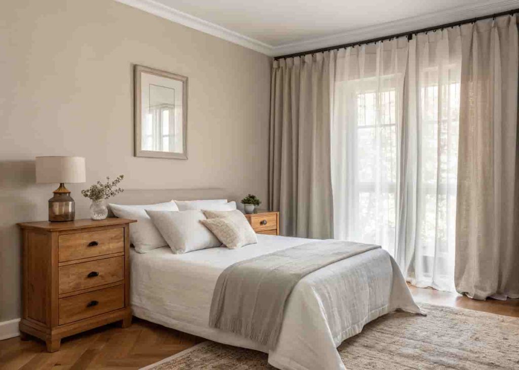 A bedroom with soft beige walls, white bedding, and light gray linen curtains. Wooden nightstand with a small lamp. Warm, serene, and minimal atmosphere.