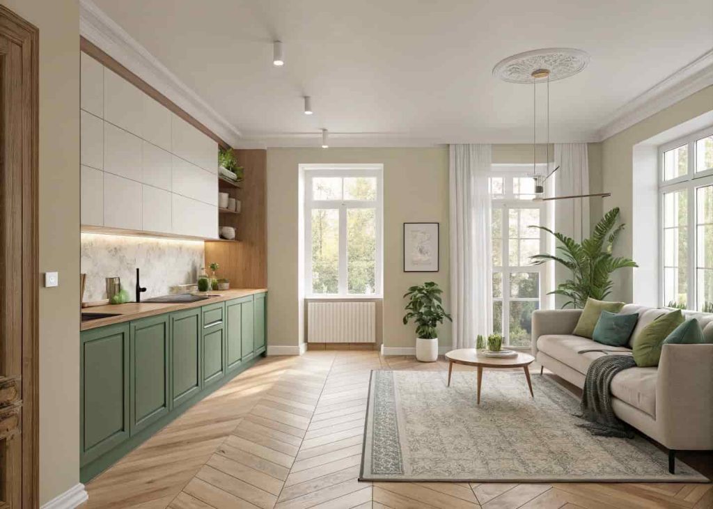 An open-plan minimalist home with warm beige walls, sage green cushions, and polished wooden floors