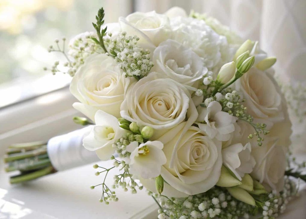 Timeless all-white bridal bouquet with roses and freesia on wedding day