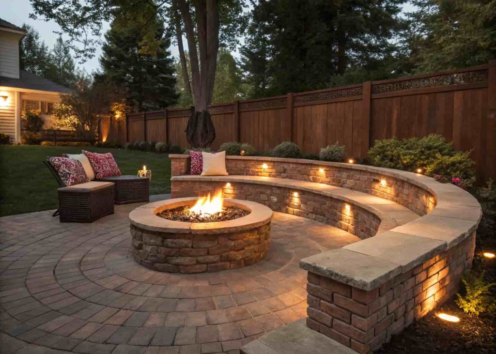 A DIY brick fire pit with a surrounding low seating wall and cushions in a well-landscaped backyard at night.