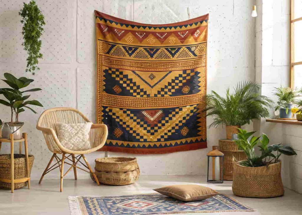  Colorful tribal woven tapestry with geometric patterns hanging on a white wall in a bohemian living room.