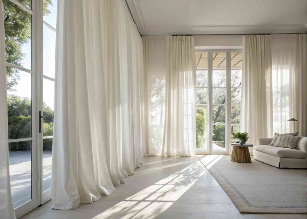 Floor-to-ceiling white linen curtains in a bright living room. Natural sunlight filtering through the fabric. Minimal furniture in the background. Tall, elegant room feeling.