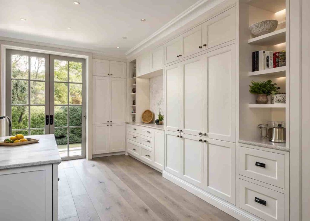 A minimalist kitchen with sleek built-in white cabinets, hidden storage solutions, and spotless countertops