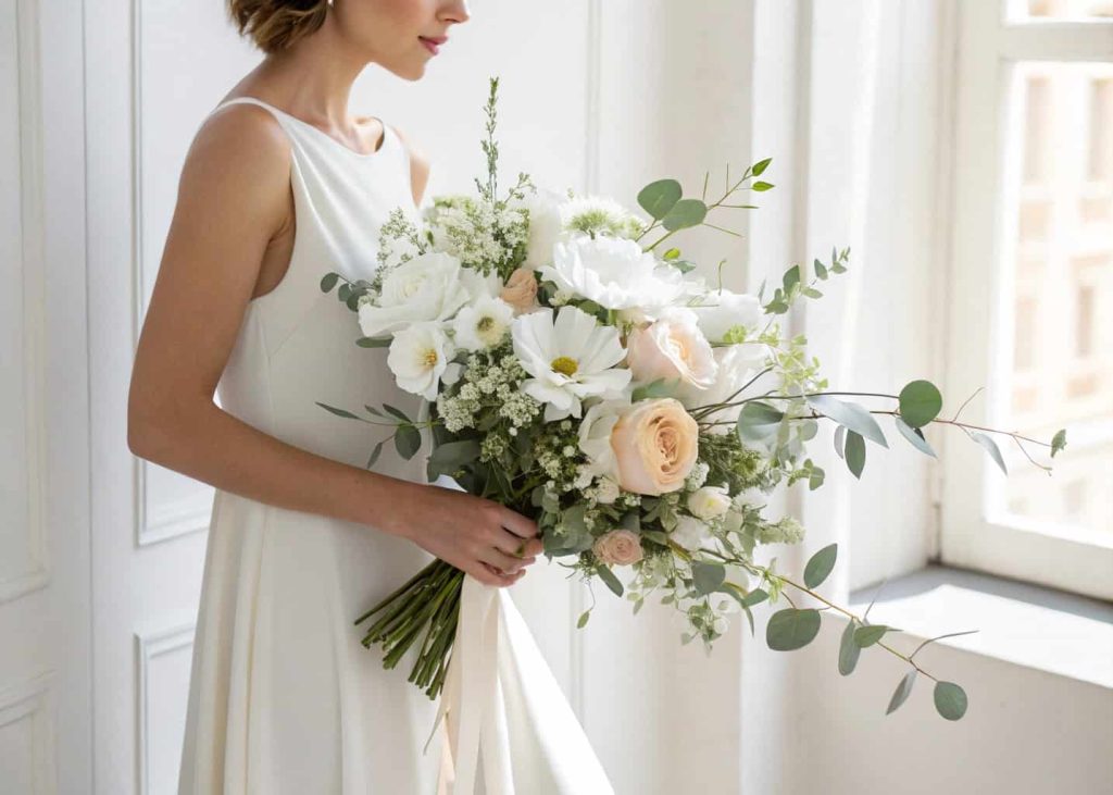 Light airy modern bridal bouquet with cosmos and eucalyptus for an outdoor wedding