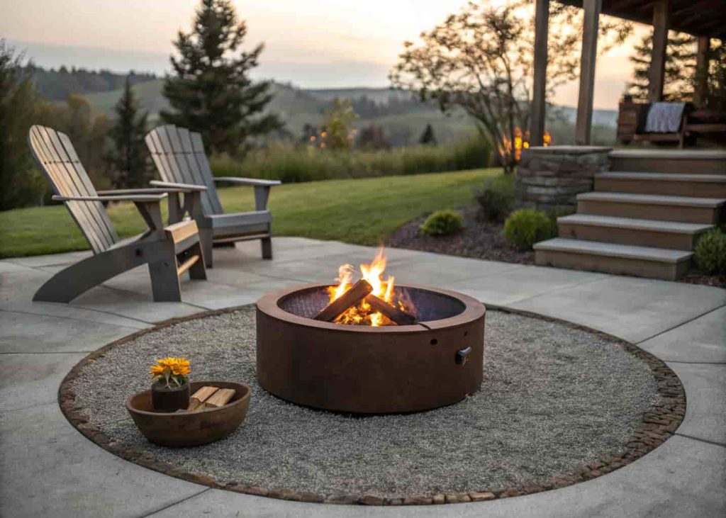 A steel ring fire pit placed on a DIY gravel pad in a residential backyard with patio seating around it.